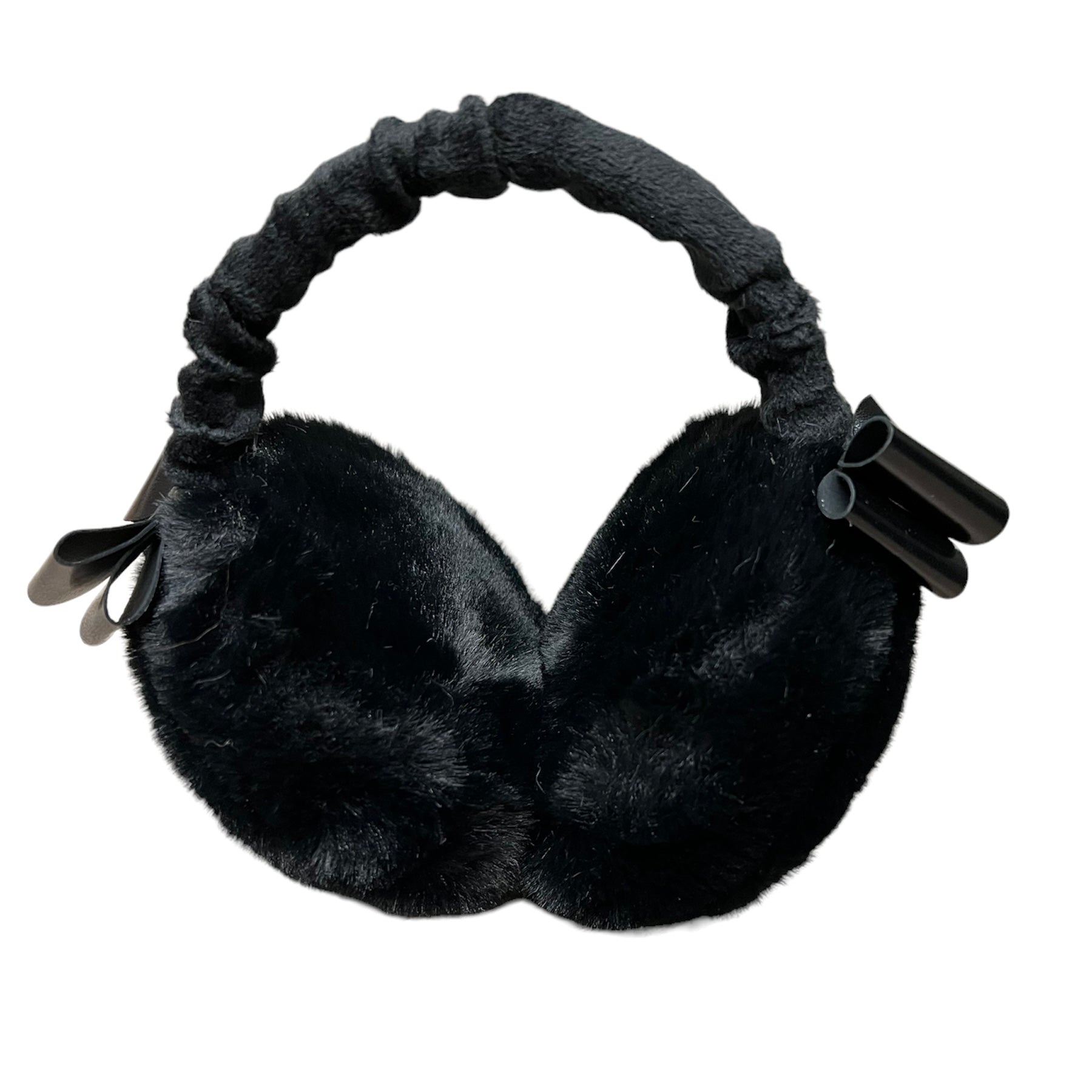Fluffy adjustable earmuff with leather bows black