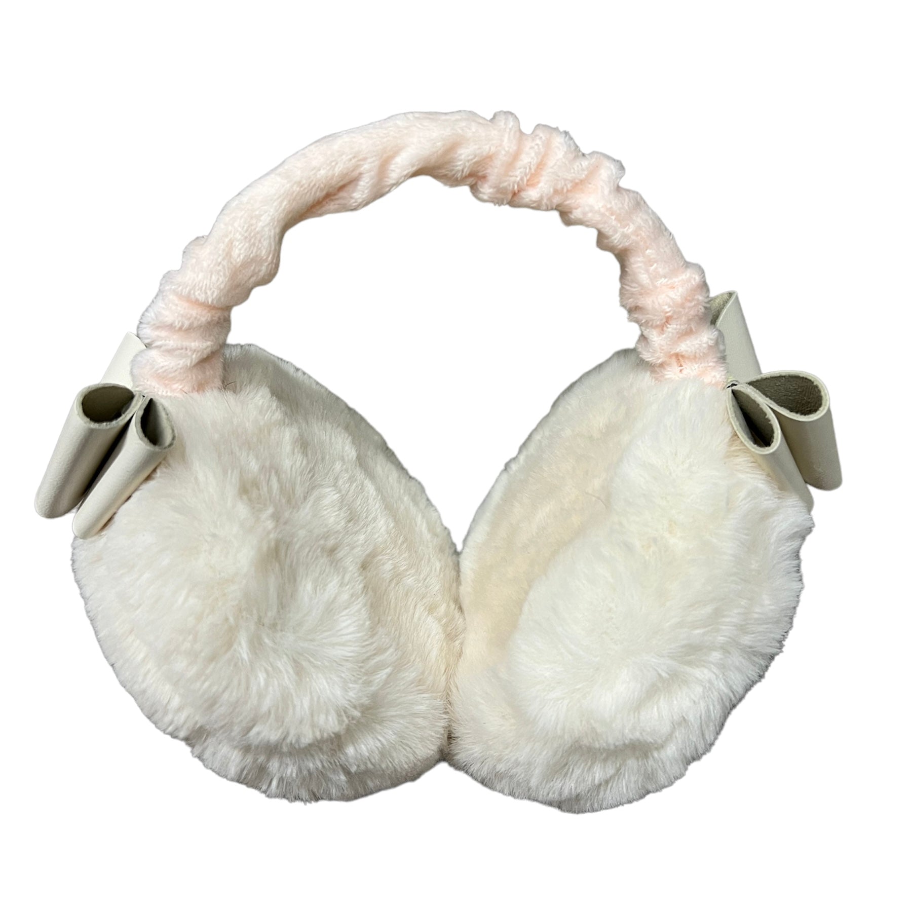 Fluffy adjustable earmuff with leather bows cream
