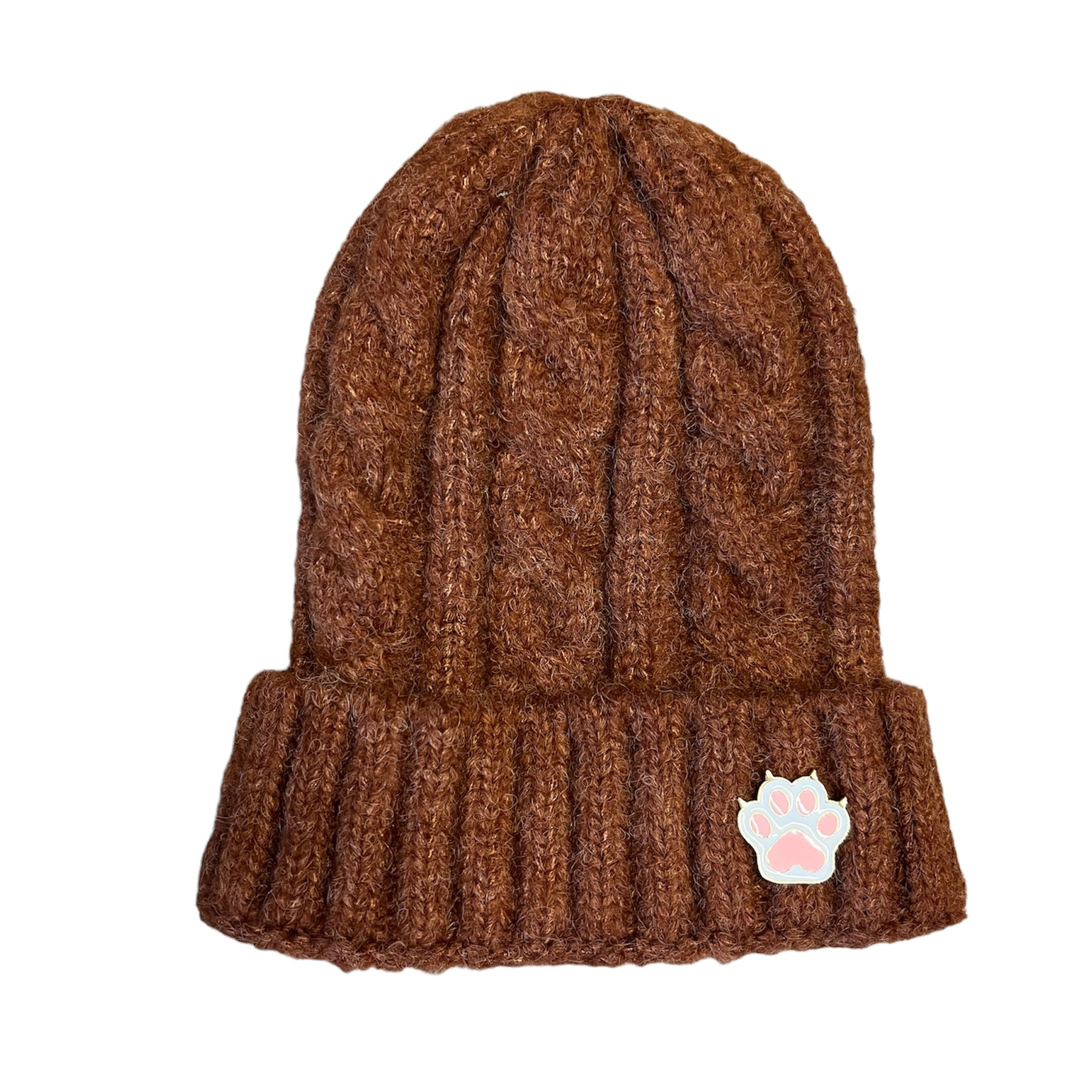Wool Bennie Hat with a Cute Paw Pin Brown