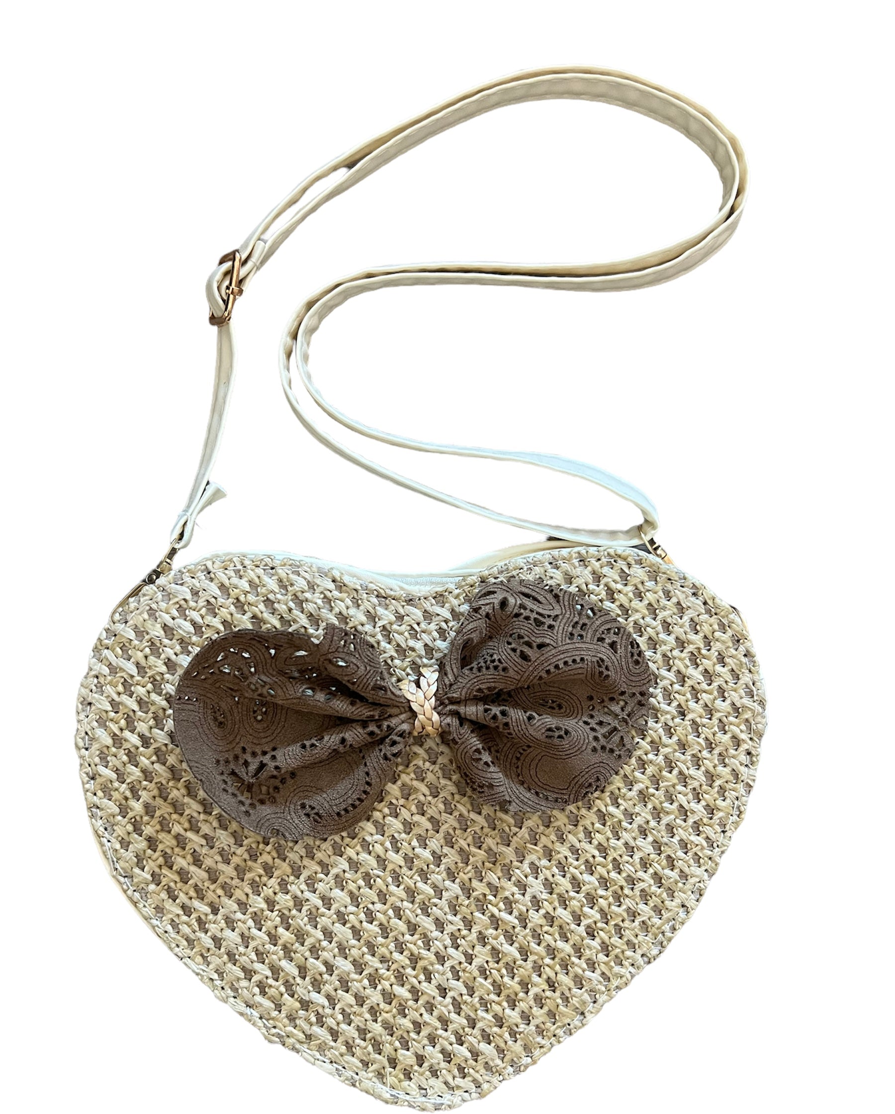 Brown Laser Bow Leather & Straw Heart Bag