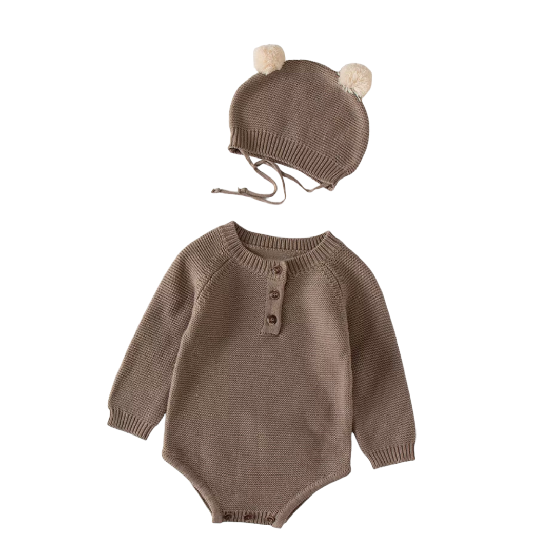 Knitted Hat Bear Romper Brown