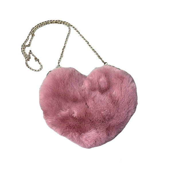 Faux Fur Fluffy Heart Bag With Chain Pink