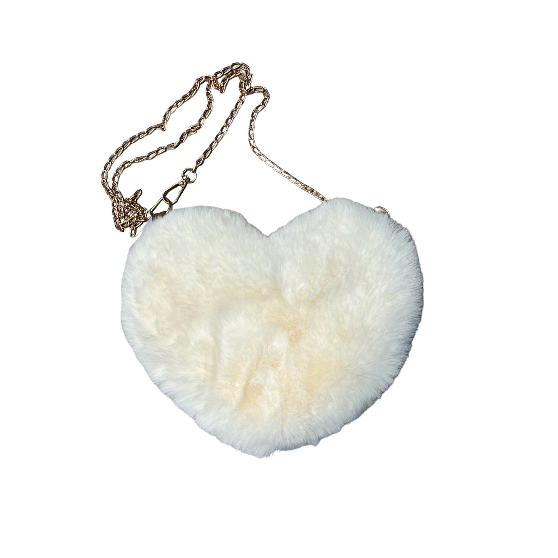 Faux Fur Fluffy Heart Bag With Chain Cream