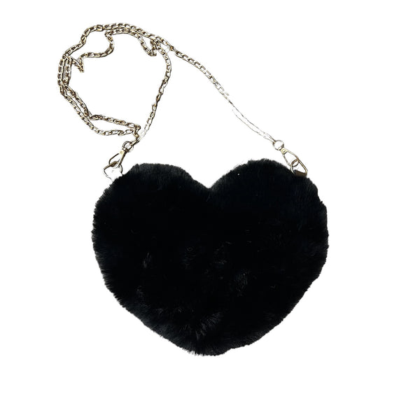 Faux Fur Fluffy Heart Bag With Chain Black