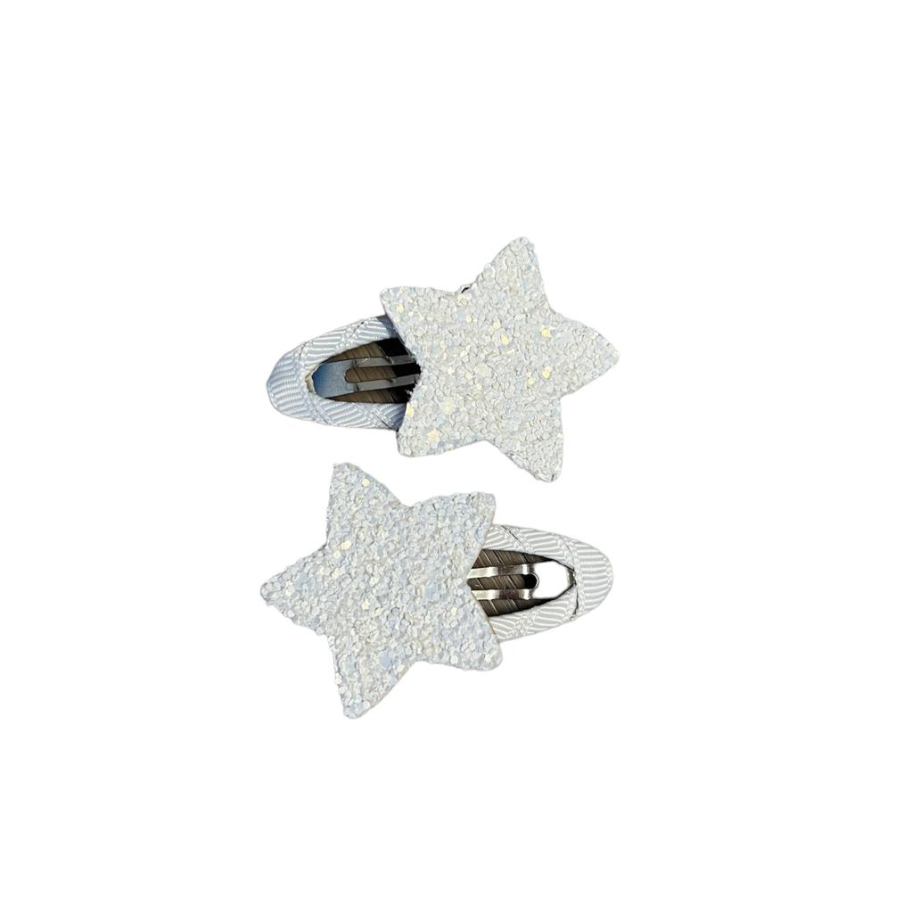 Couple of Glitter and Leather hairclips Happy Stars White