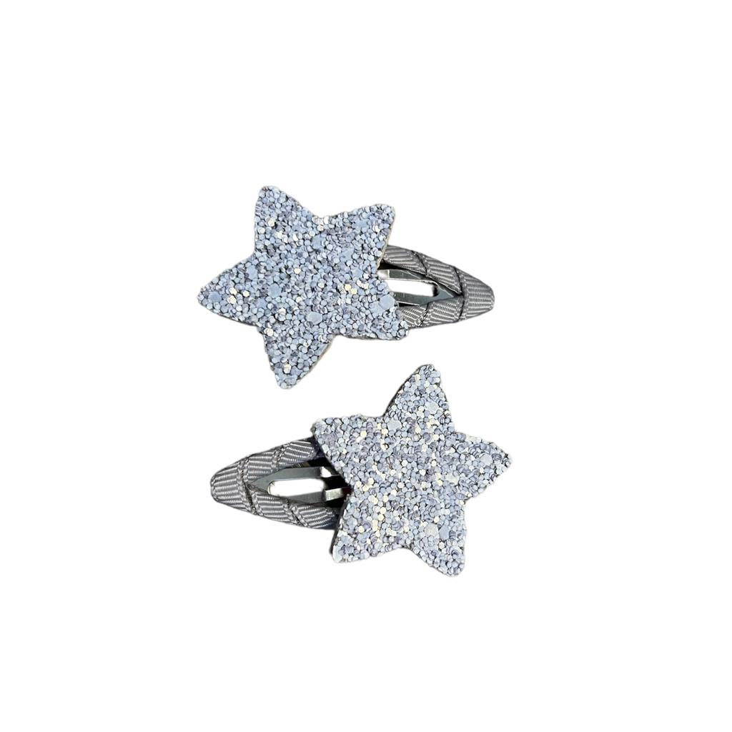 Couple of Glitter and Leather hairclips Happy Stars Grey