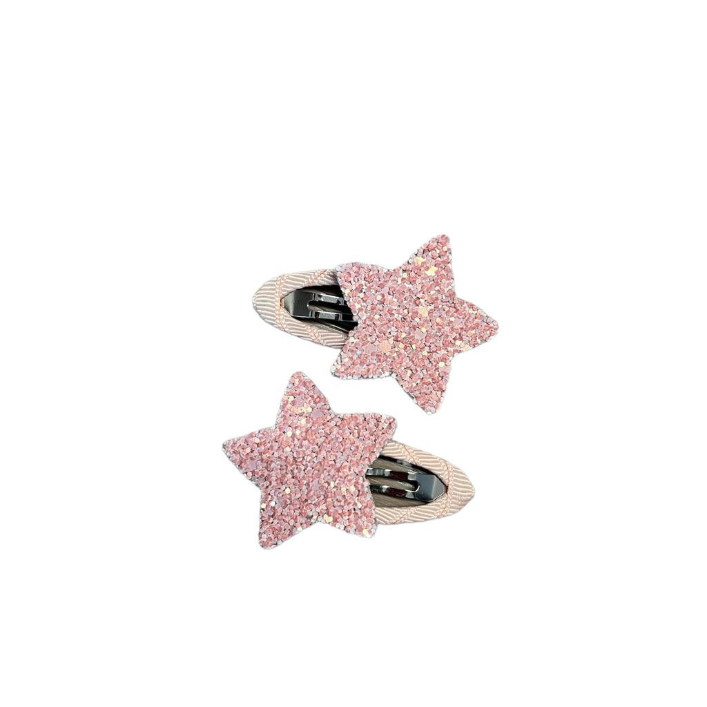 Couple of Glitter and Leather hairclips Happy Stars Pink