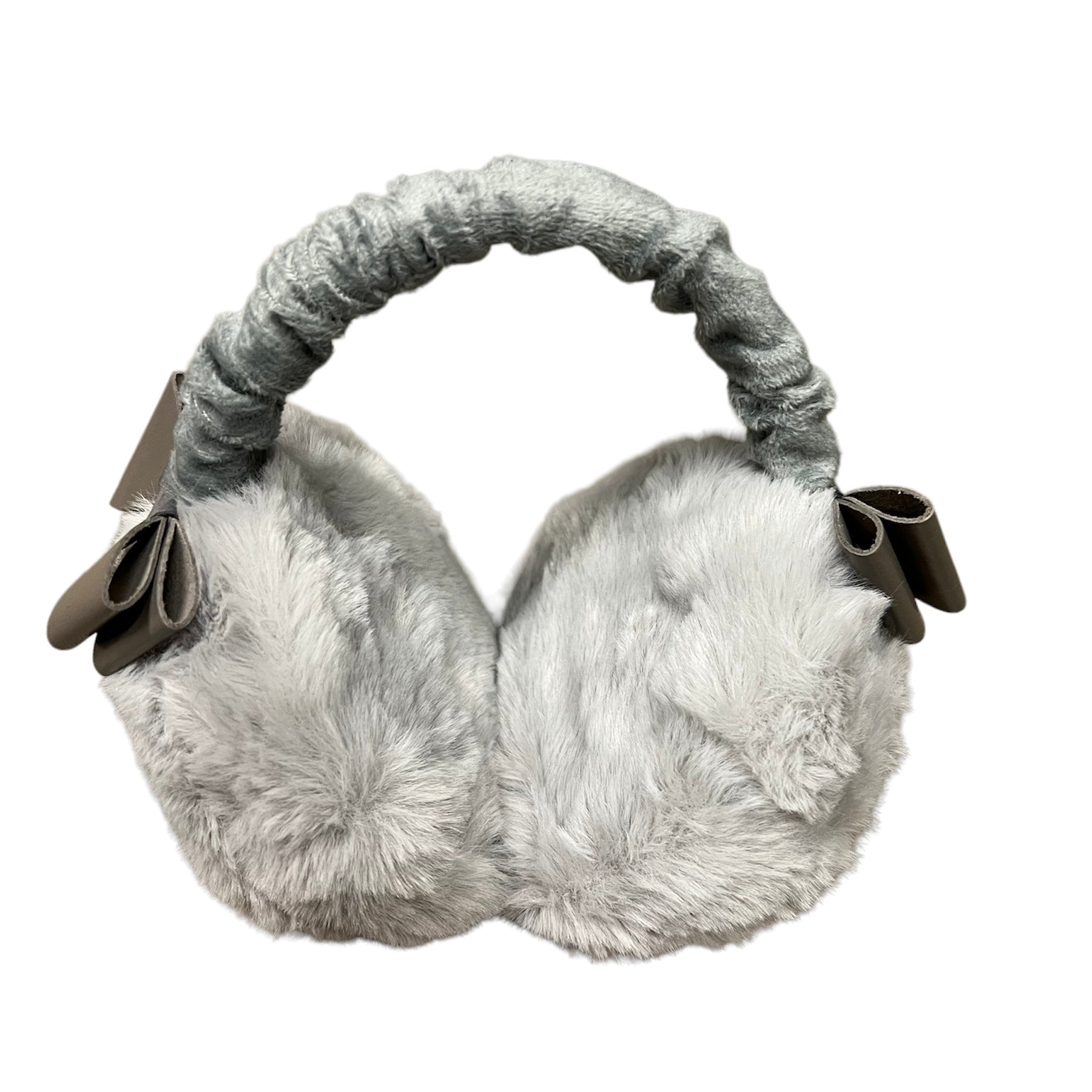Fluffy adjustable earmuff with leather bows Grey