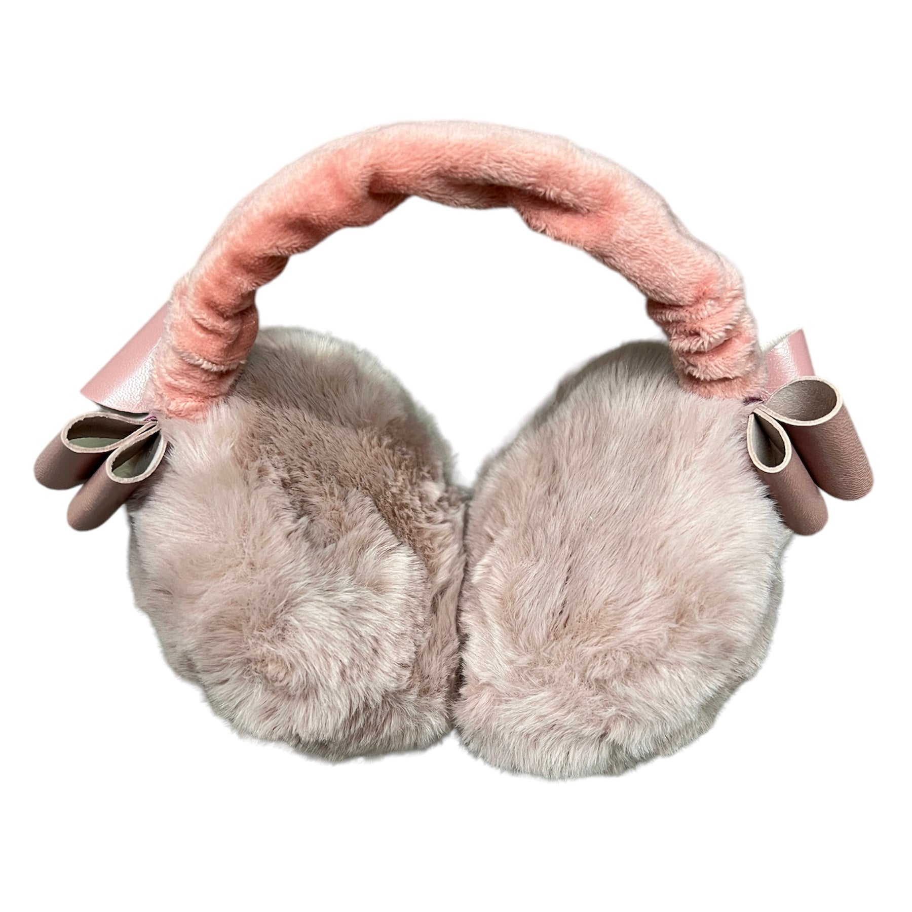 Fluffy earmuff with leather bows Pink