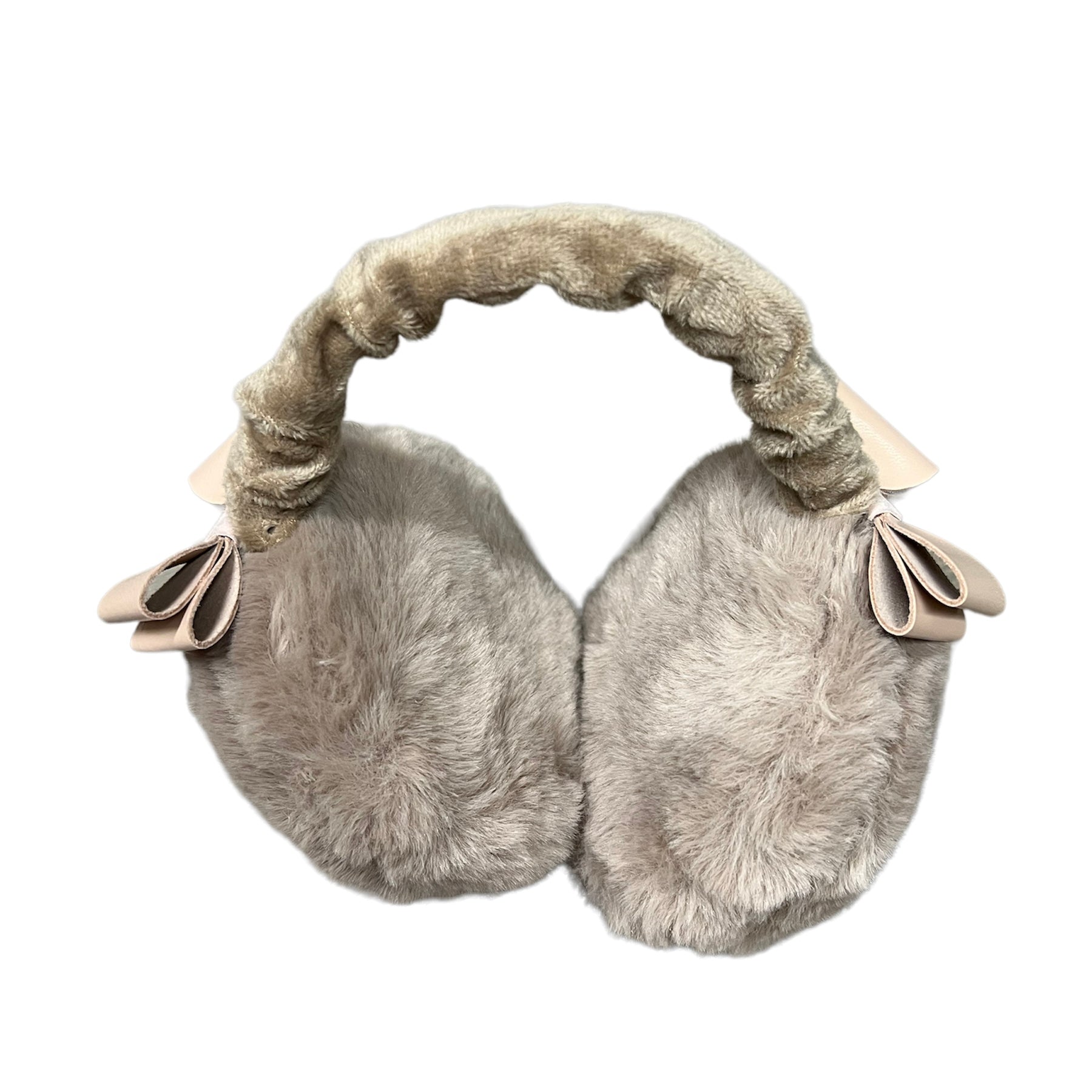 Fluffy adjustable earmuff with leather bows taupe